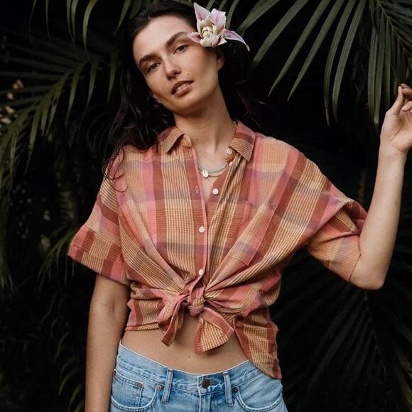 Madewell Tops - Madewell Daily Brown Striped Button Down Oversized Short Sleeve Shirt Small